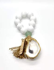 The Gilded Shell - Boho -  Tide Pool - 18k Gold Gilded Oyster Shell - Solid White with Aqua Sea Glass -Product -2