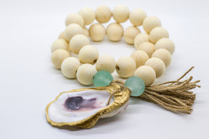 The Gilded Shell - Hospitality Beads - Wooden Beads - Nude Beach Coastline - Aqua Marine Sea Glass - 18k Gold Gilded Oyster Shell
