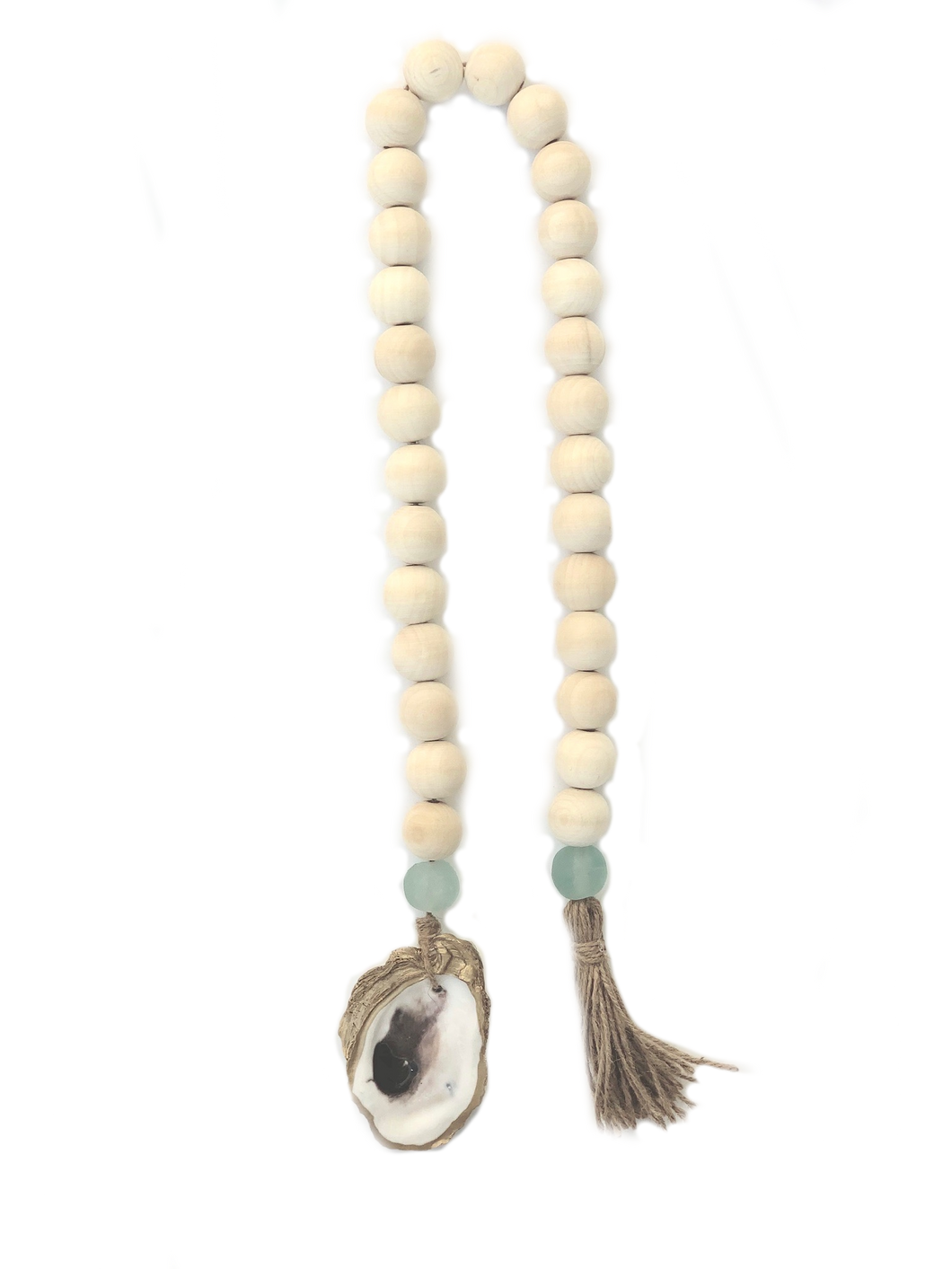 The Gilded Shell - Hospitality Beads - Wooden Beads - Nude Beach Coastline - Aqua Marine Sea Glass - 18k Gold Gilded Oyster Shell - Product -1